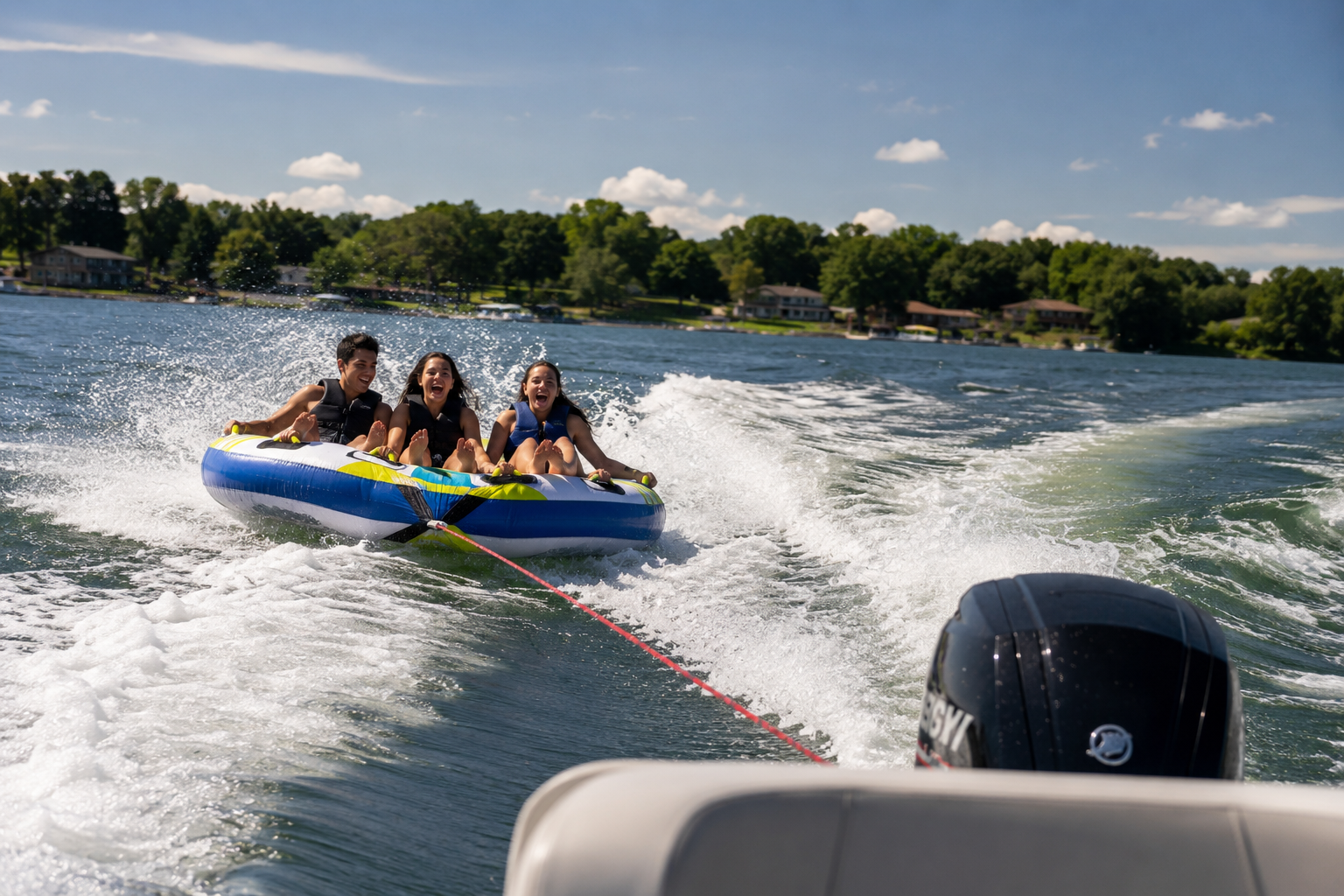 Guests tubing behind the pontoon on White Bear Lake